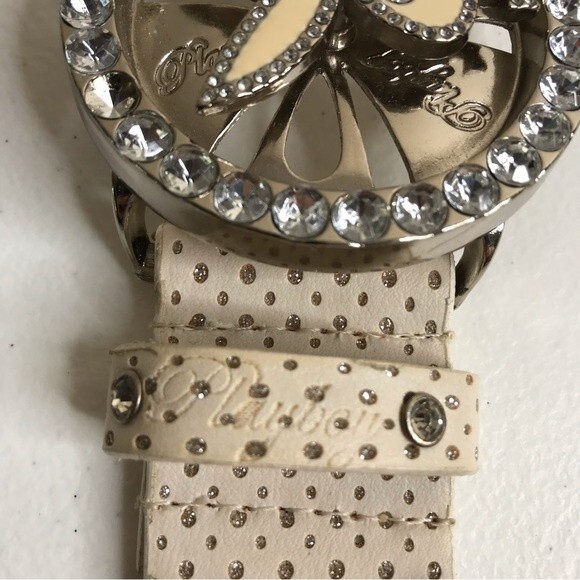 Vintage Playboy Y2K Bunny Spinner Rhinestone Enamel Buckle Bling Belt Off White - Picture 2 of 14